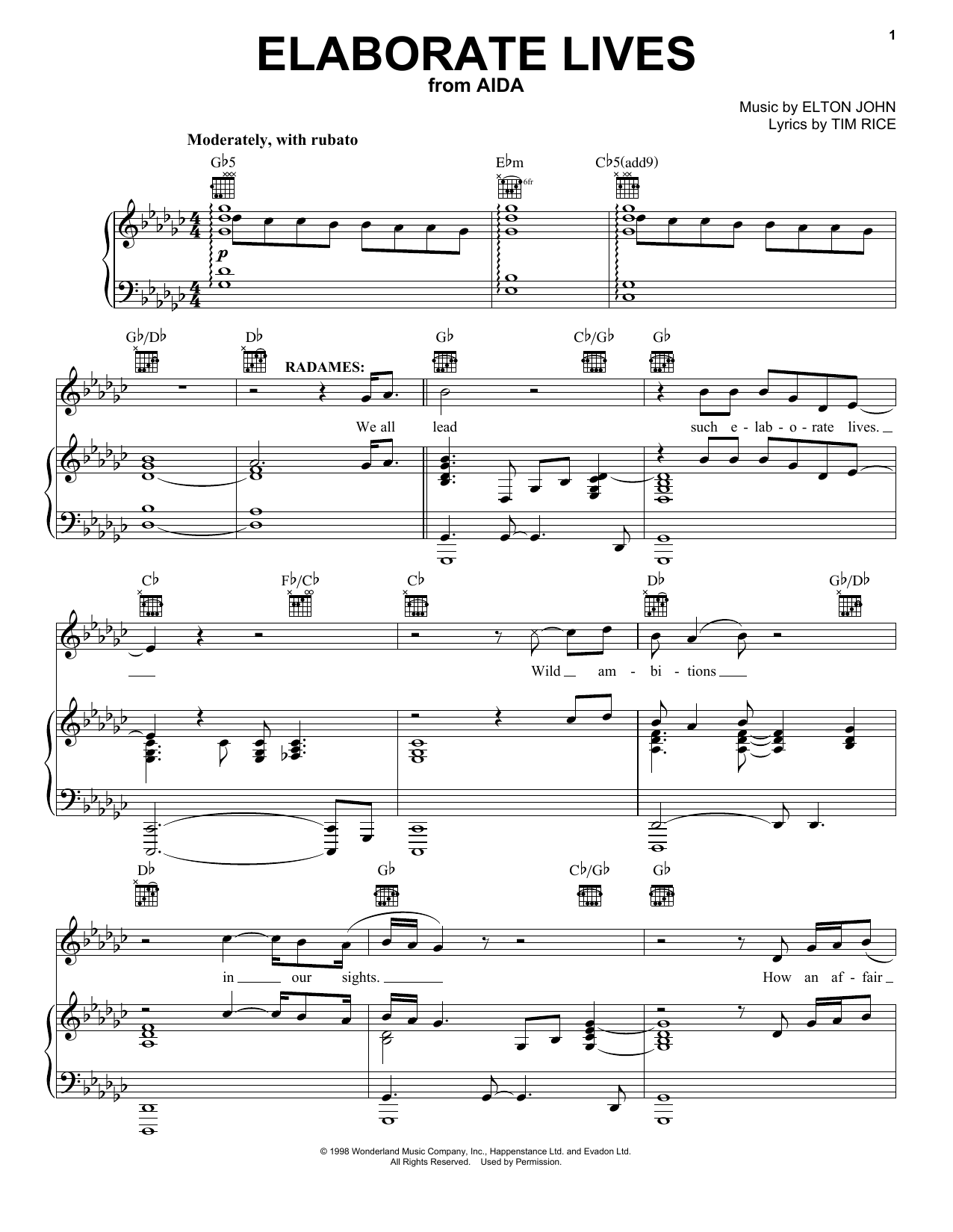 Elton John Elaborate Lives sheet music notes and chords arranged for Piano, Vocal & Guitar Chords (Right-Hand Melody)