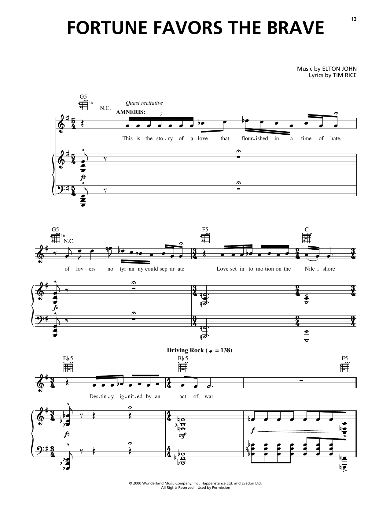 Elton John Fortune Favors The Brave (from Aida) sheet music notes and chords. Download Printable PDF.