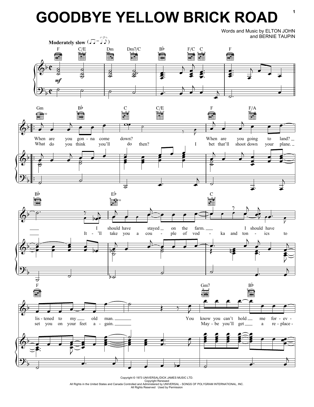 Elton John Goodbye Yellow Brick Road sheet music notes and chords arranged for Piano, Vocal & Guitar Chords (Right-Hand Melody)