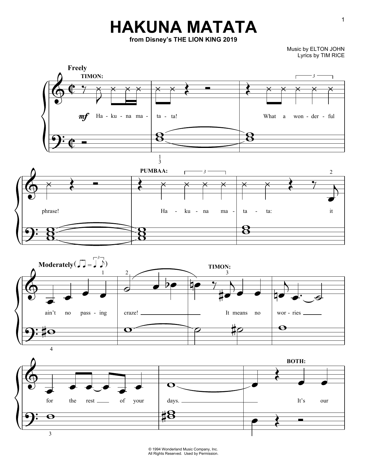 Elton John Hakuna Matata (from The Lion King 2019) sheet music notes and chords. Download Printable PDF.