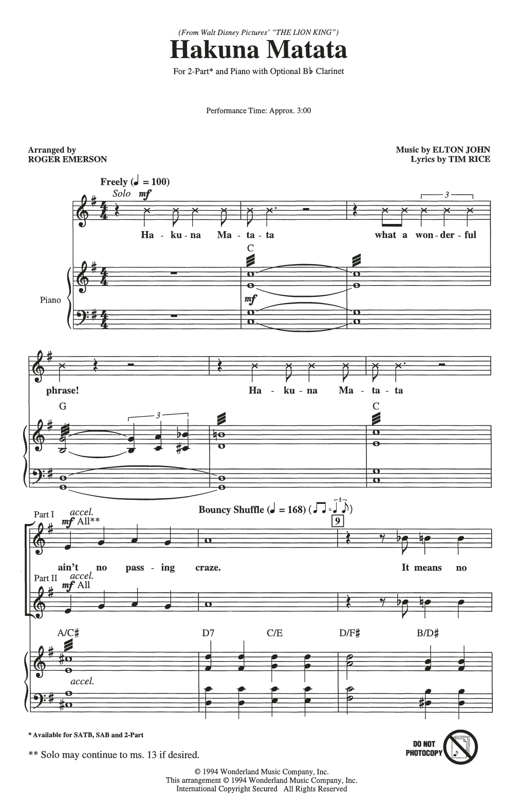 Elton John Hakuna Matata (from Disney's The Lion King) (arr. Roger Emerson) sheet music notes and chords. Download Printable PDF.