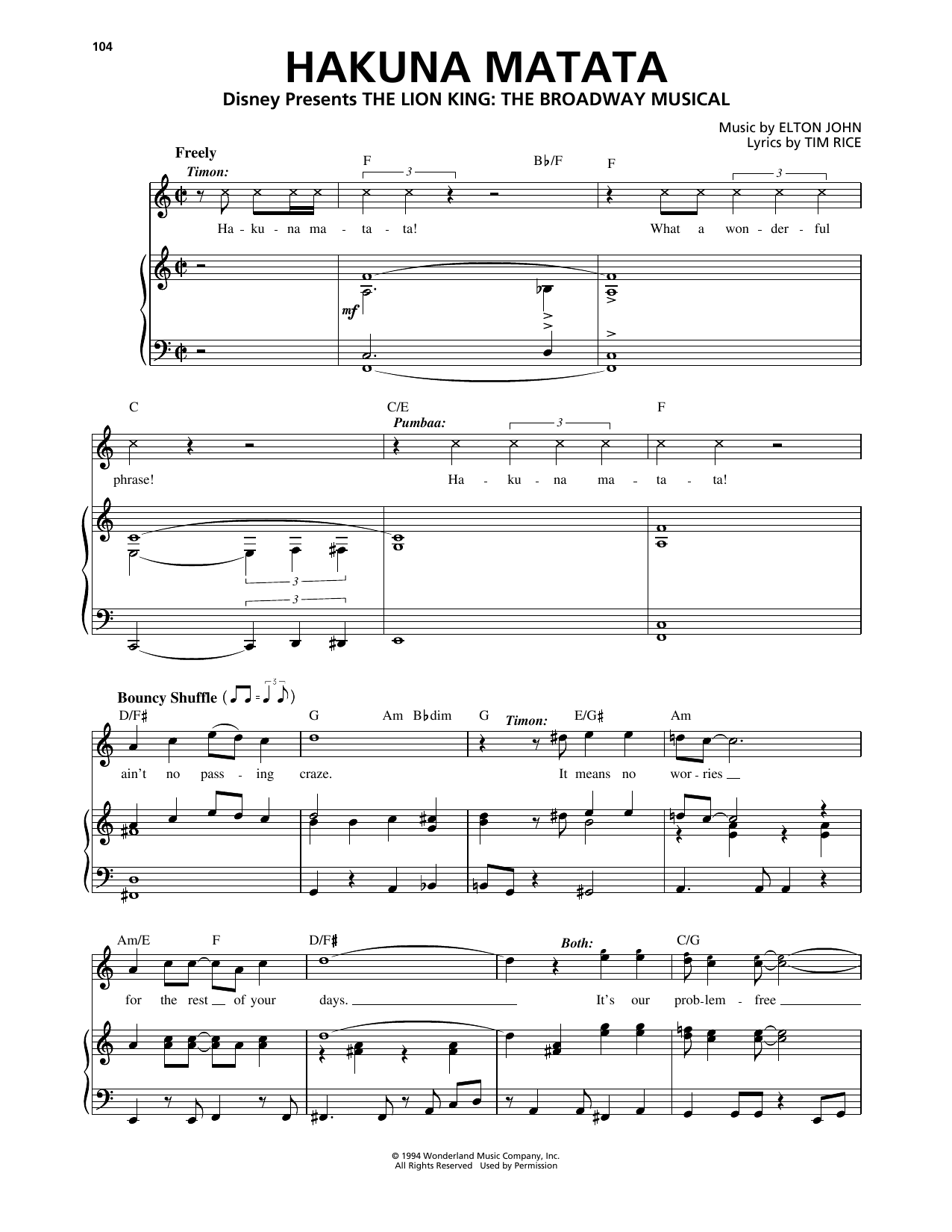 Elton John Hakuna Matata (from The Lion King: Broadway Musical) sheet music notes and chords. Download Printable PDF.