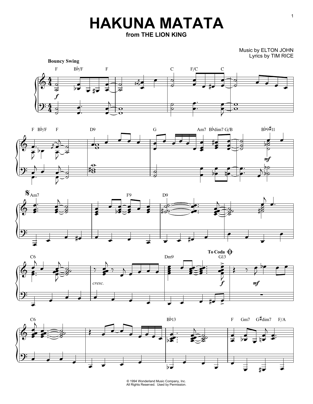 Elton John Hakuna Matata [Jazz version] (from Disney's The Lion King) sheet music notes and chords. Download Printable PDF.