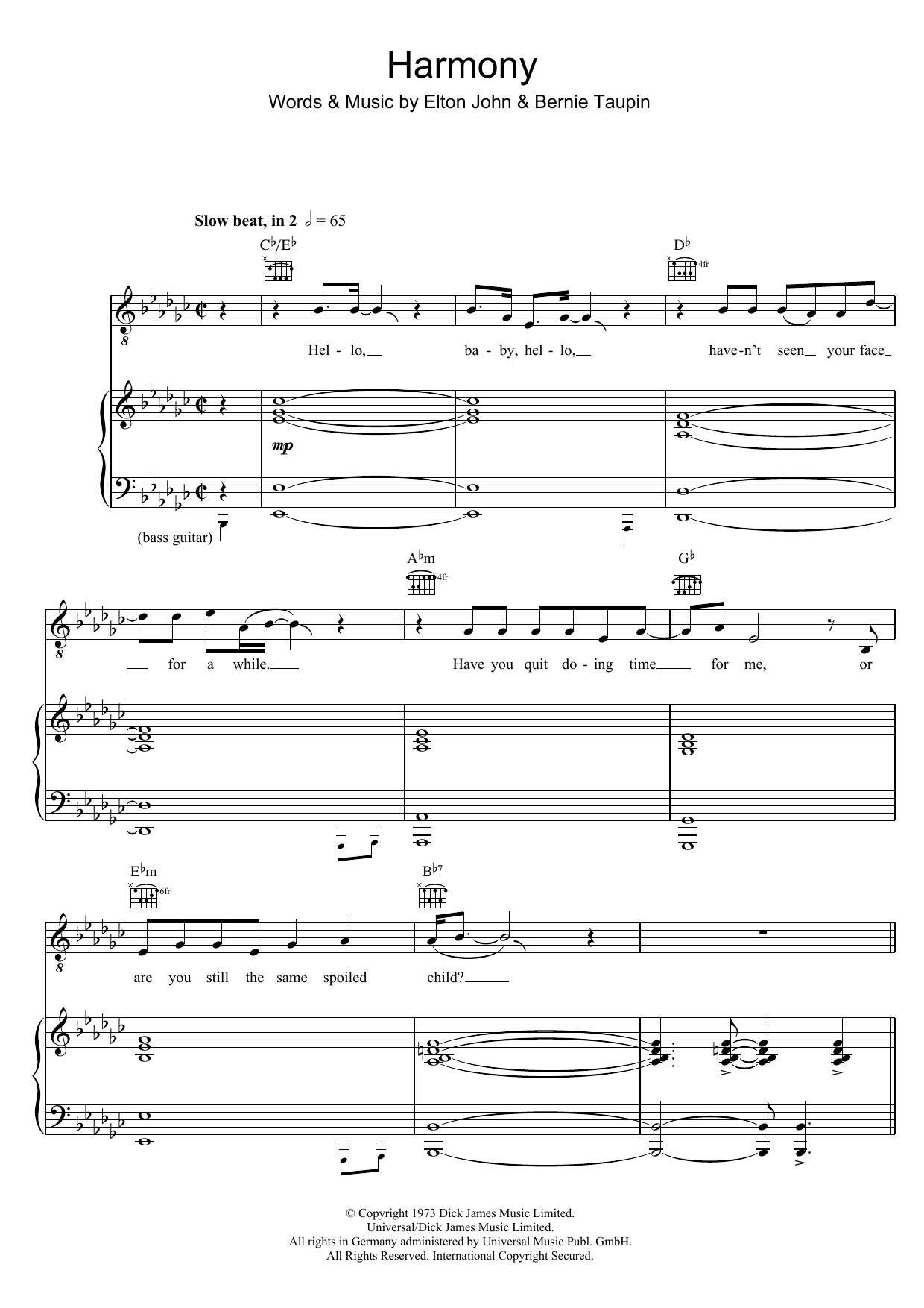 Elton John Harmony sheet music notes and chords. Download Printable PDF.