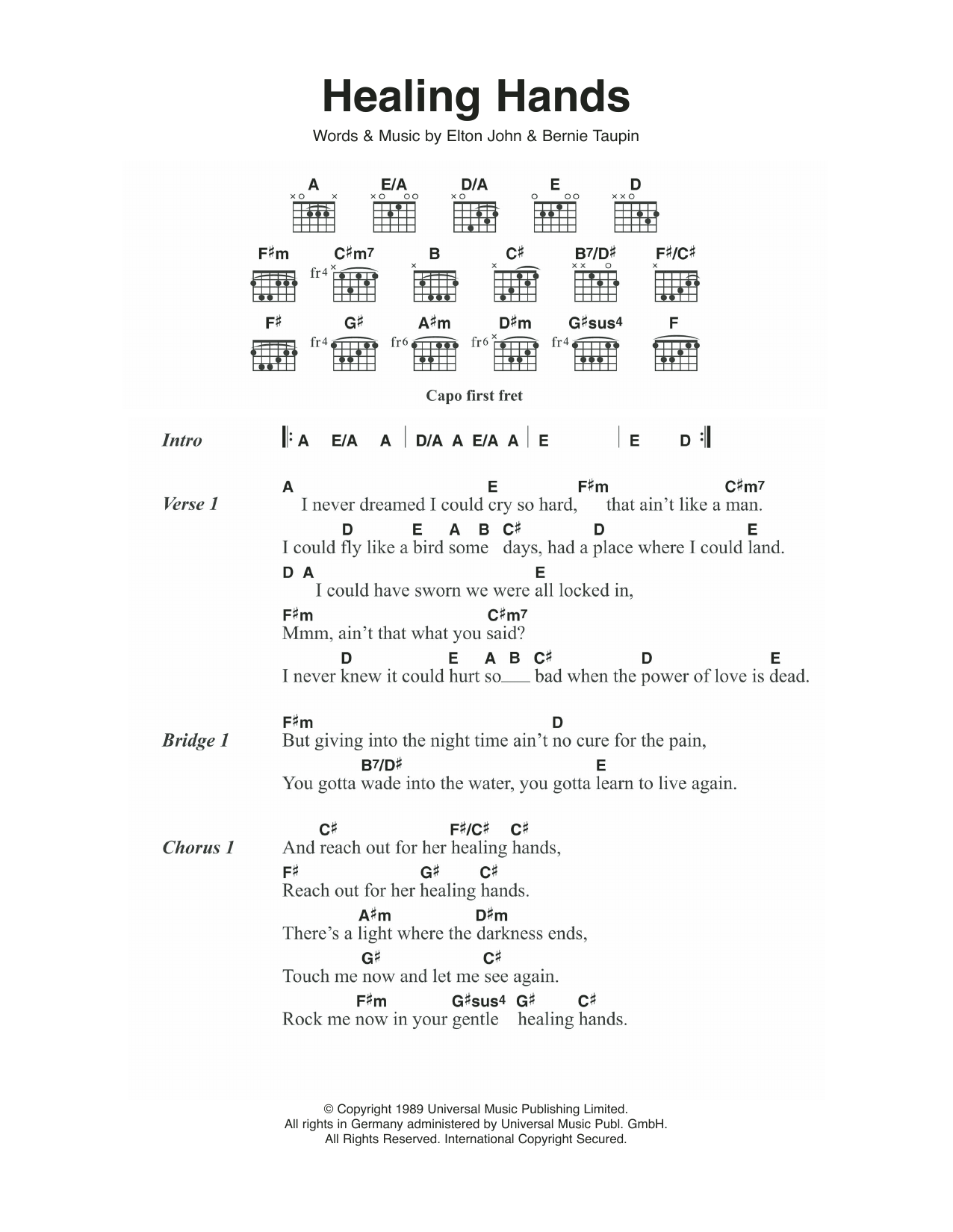 Elton John Healing Hands sheet music notes and chords. Download Printable PDF.