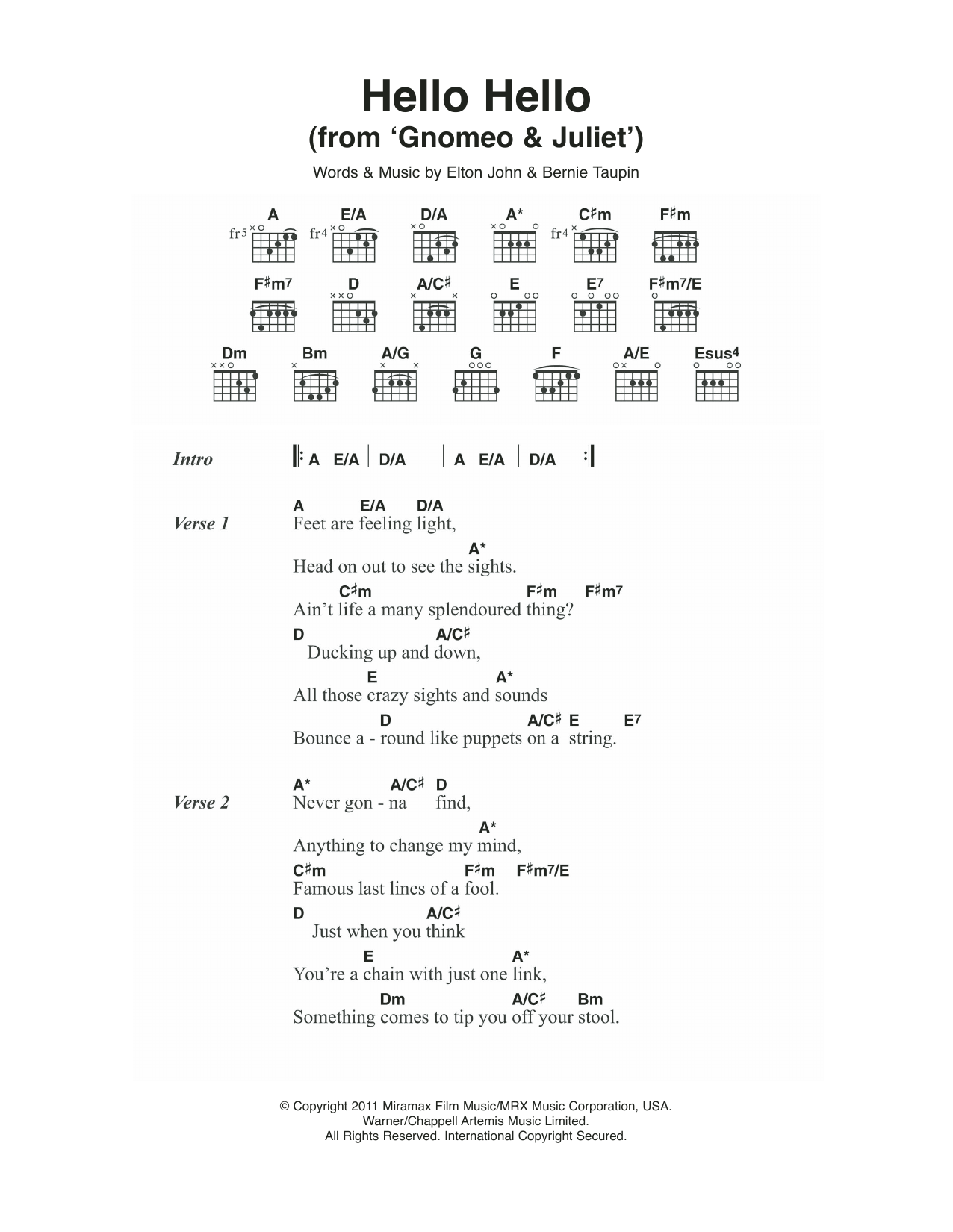 Elton John Hello Hello (From 'Gnomeo and Juliet') sheet music notes and chords. Download Printable PDF.