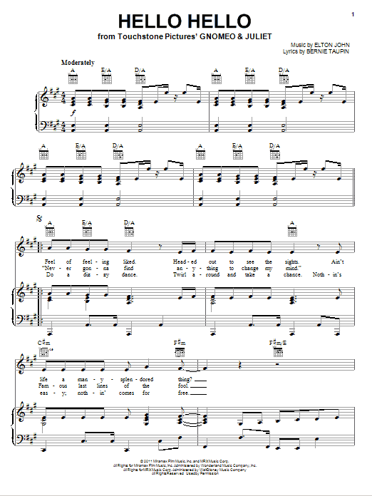 Elton John Hello Hello sheet music notes and chords arranged for Piano, Vocal & Guitar Chords (Right-Hand Melody)