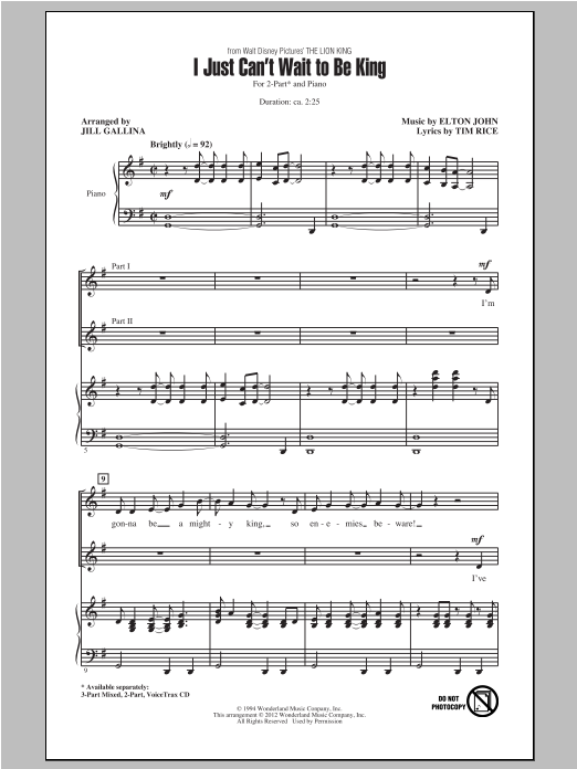 Elton John I Just Can't Wait To Be King (arr. Jill Gallina) sheet music notes and chords. Download Printable PDF.