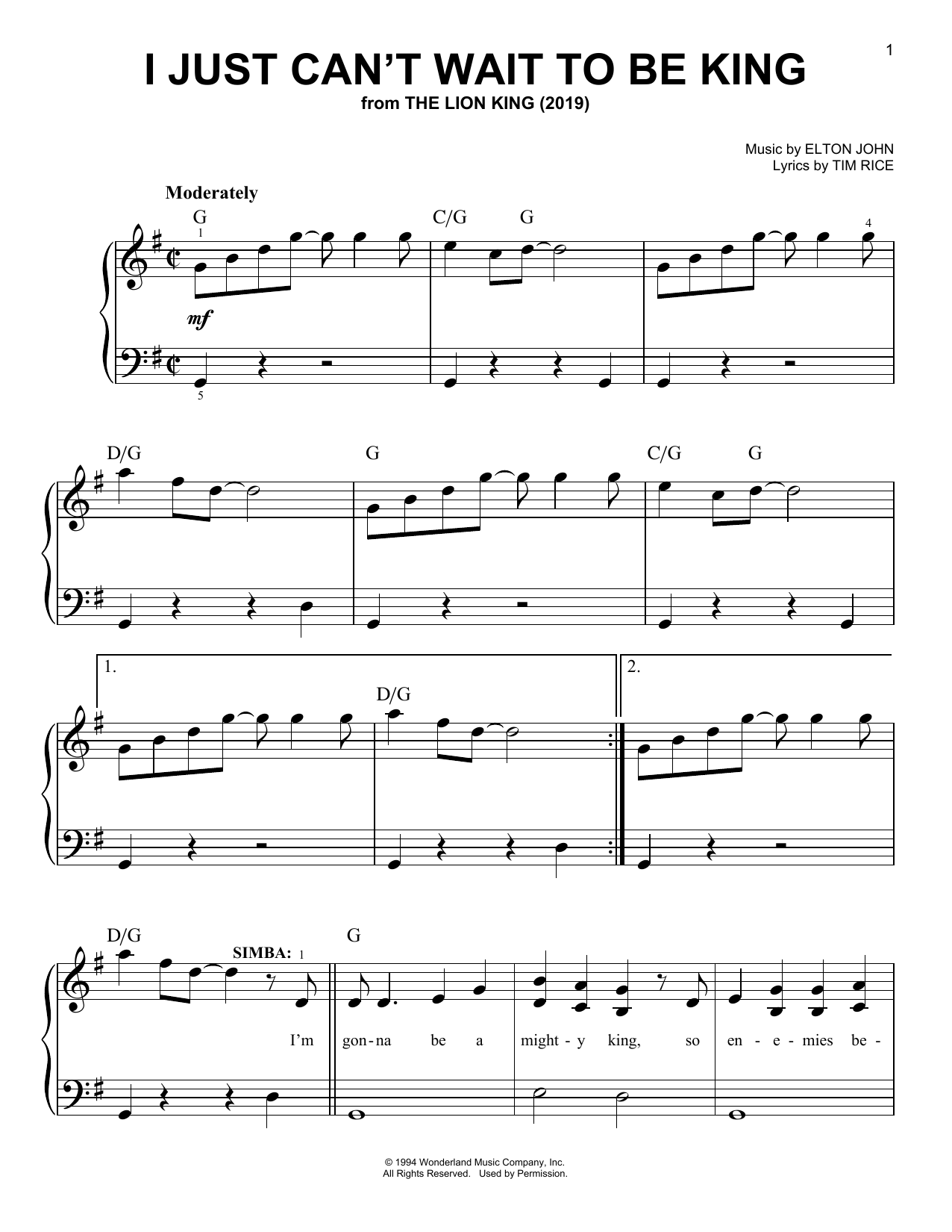 Elton John I Just Can't Wait To Be King (from The Lion King 2019) sheet music notes and chords. Download Printable PDF.