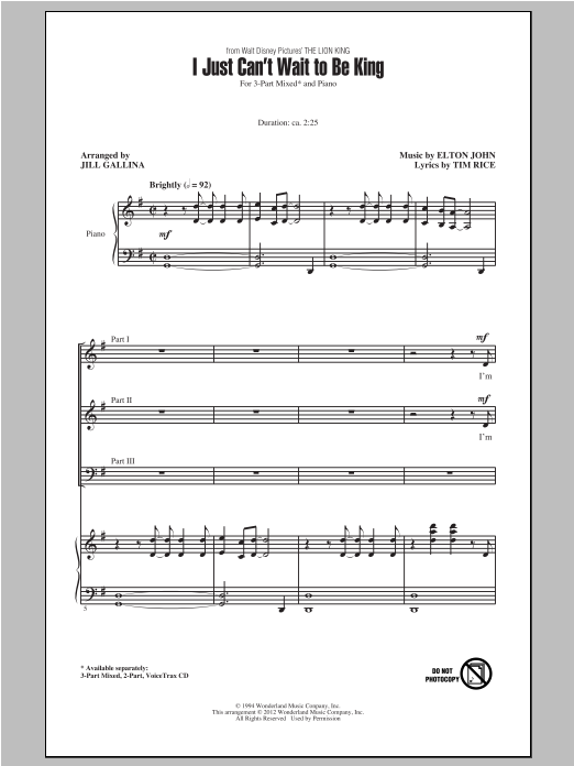 Elton John I Just Can't Wait To Be King (arr. Jill Gallina) sheet music notes and chords. Download Printable PDF.