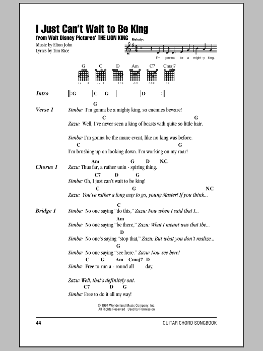 Elton John I Just Can't Wait To Be King (from The Lion King) sheet music notes and chords. Download Printable PDF.