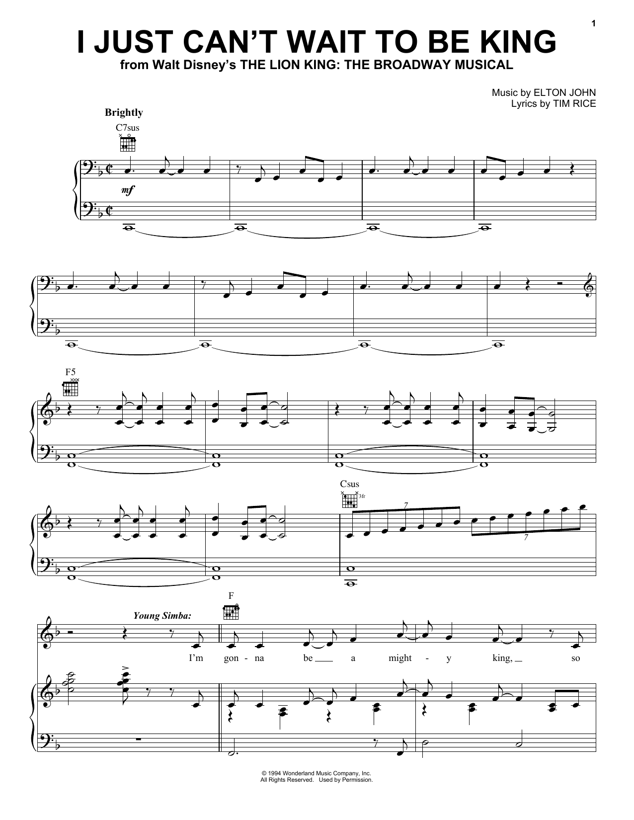 Elton John I Just Can't Wait To Be King (from The Lion King: Broadway Musical) sheet music notes and chords. Download Printable PDF.