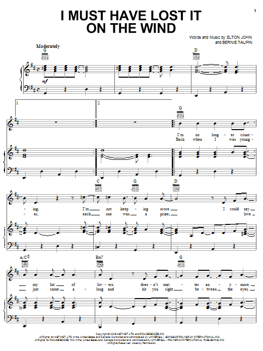 Learn to play Elton John I Must Have Lost It On The Wind sheet music for Piano, Vocal & Guitar Chords in minutes. Price: 7.8900$ Elton John I Must Have Lost It On The Wind sheet music notes and chords arranged for Piano, Vocal & Guitar Chords