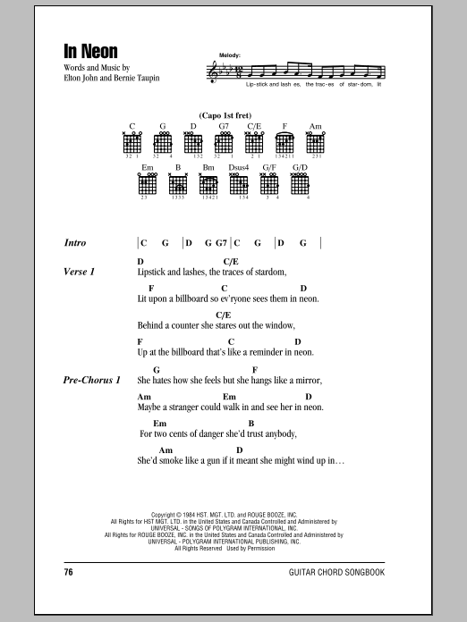 Elton John In Neon sheet music notes and chords. Download Printable PDF.