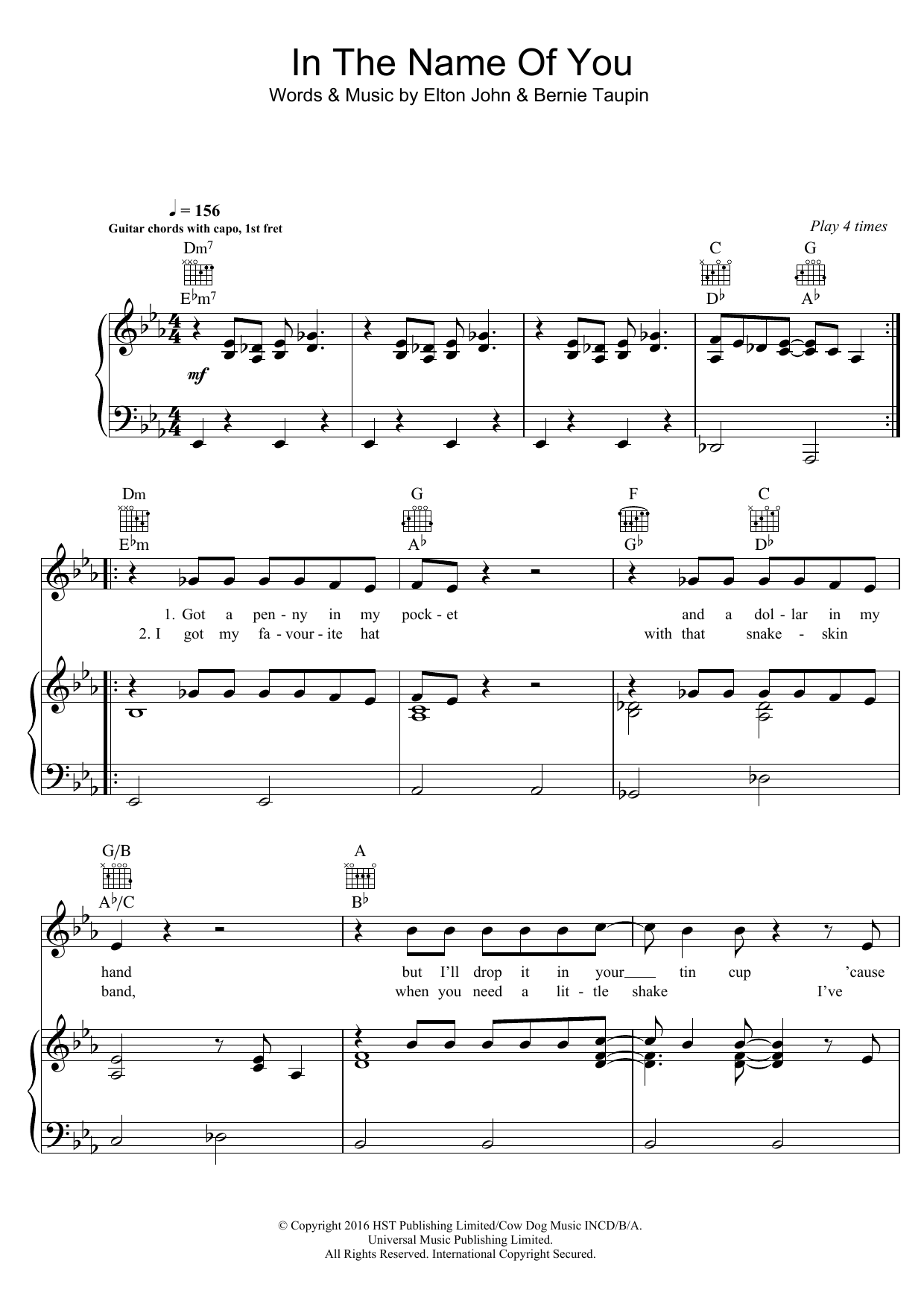 Elton John In The Name Of You sheet music notes and chords. Download Printable PDF.