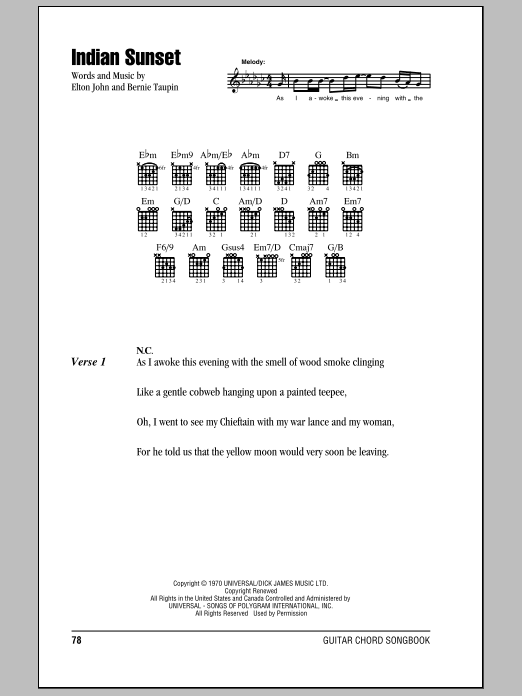 Elton John Indian Sunset sheet music notes and chords. Download Printable PDF.