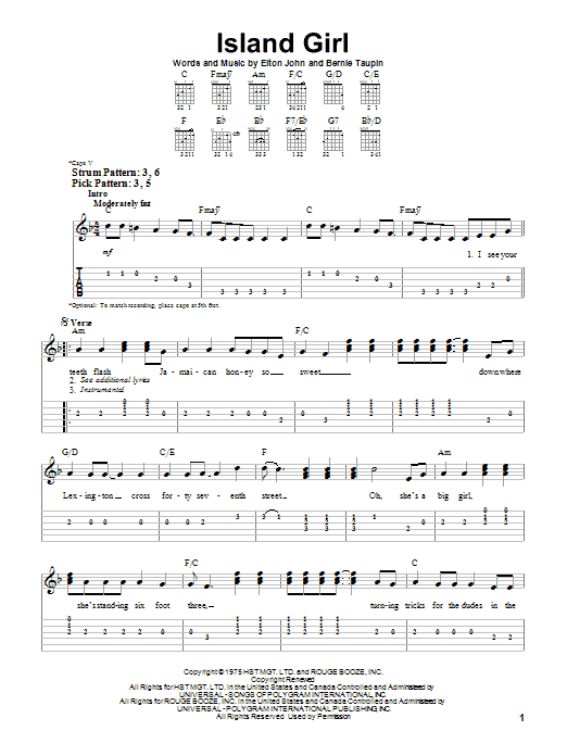 Elton John Island Girl sheet music notes and chords arranged for Really Easy Piano