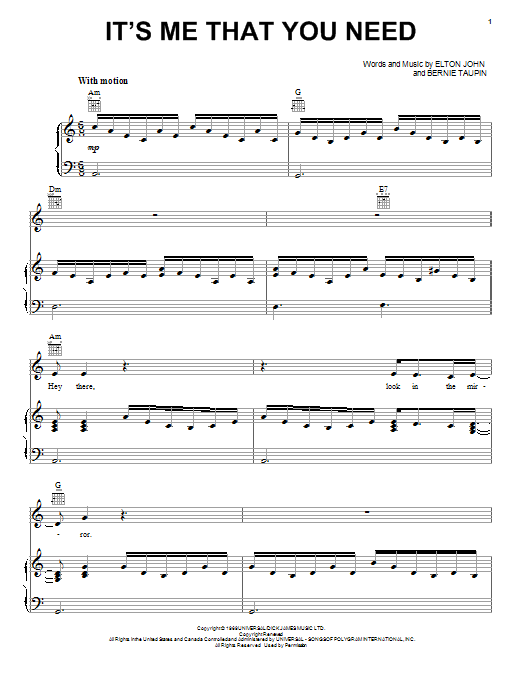 Elton John It's Me That You Need sheet music notes and chords. Download Printable PDF.