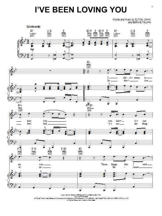 Elton John I've Been Loving You sheet music notes and chords. Download Printable PDF.