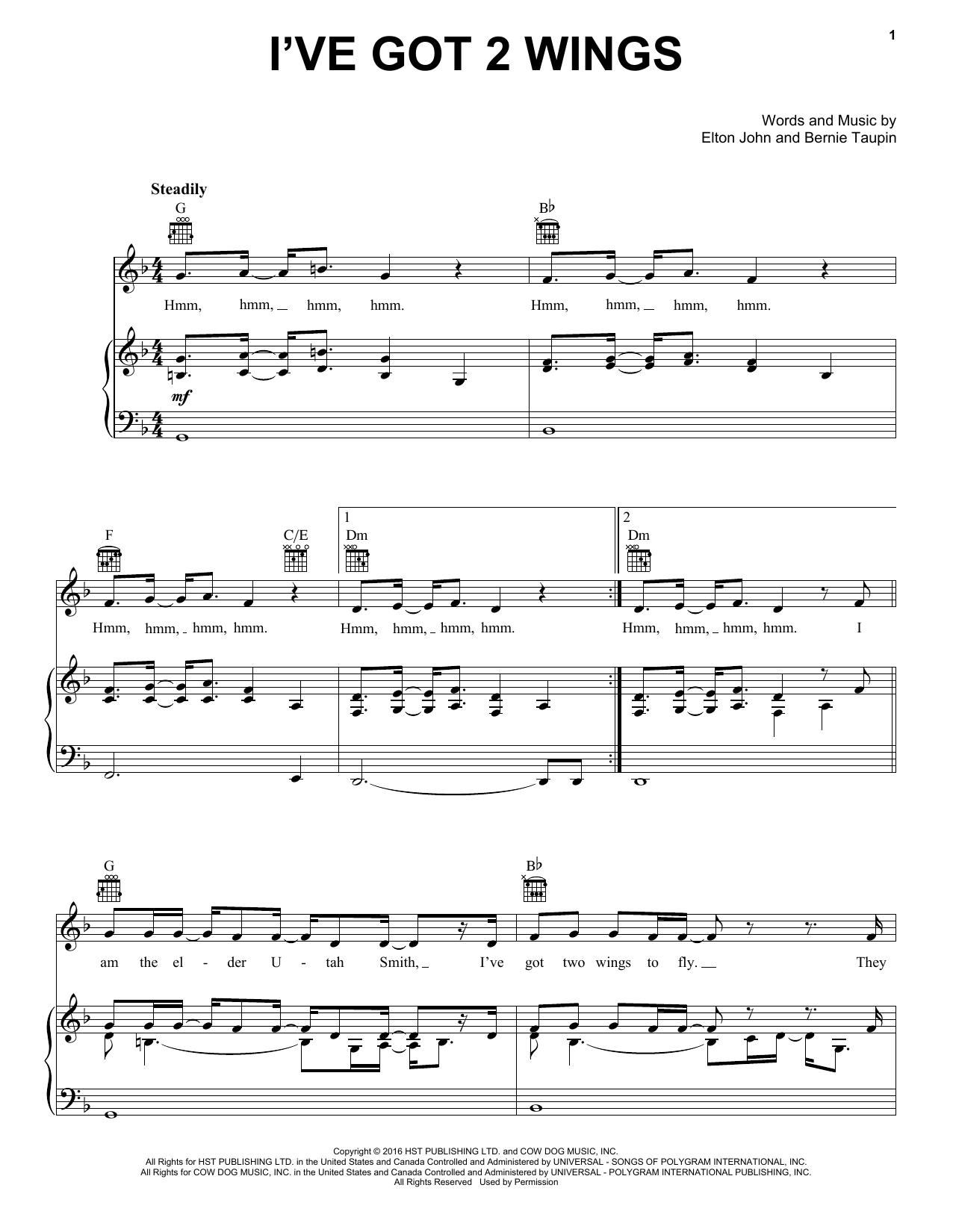 Elton John I've Got 2 Wings sheet music notes and chords. Download Printable PDF.