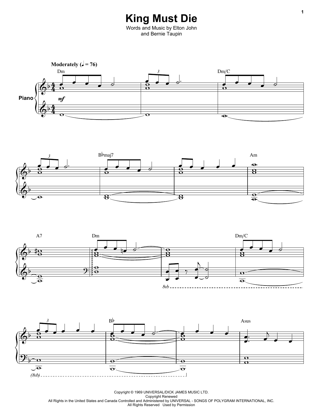 Elton John King Must Die sheet music notes and chords. Download Printable PDF.