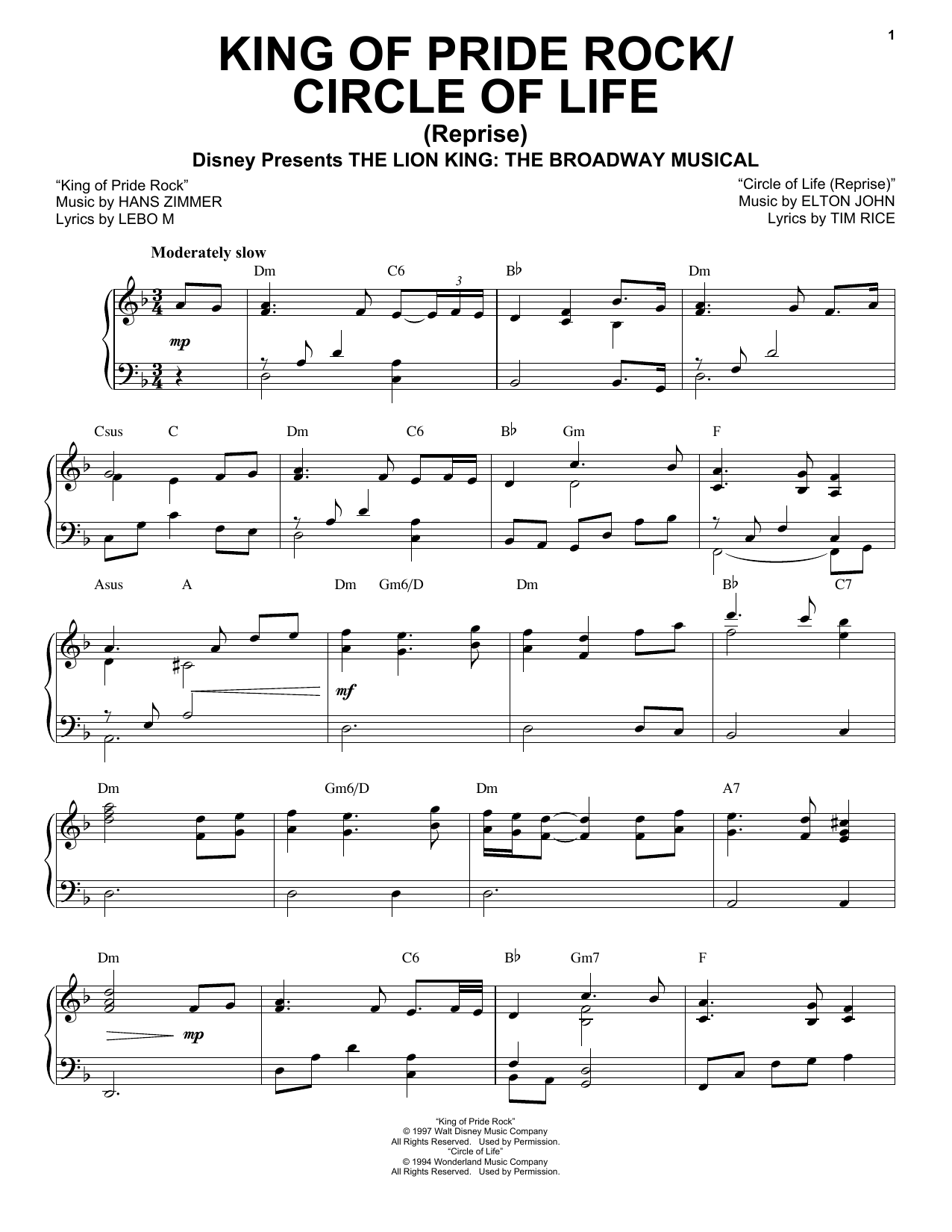 Elton John King Of Pride Rock (from The Lion King: Broadway Musical) sheet music notes and chords. Download Printable PDF.