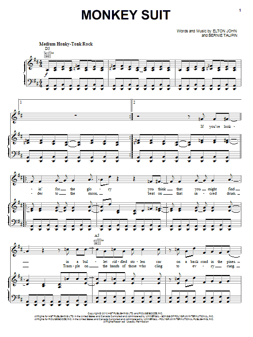 Elton John & Leon Russell Monkey Suit sheet music notes and chords arranged for Piano, Vocal & Guitar Chords