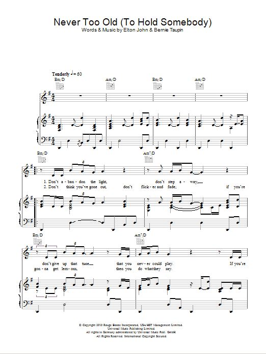 Elton John & Leon Russell Never Too Old (To Hold Somebody) sheet music notes and chords arranged for Piano, Vocal & Guitar Chords