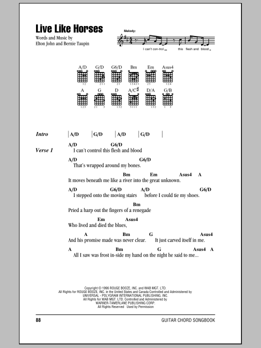 Elton John Live Like Horses sheet music notes and chords. Download Printable PDF.