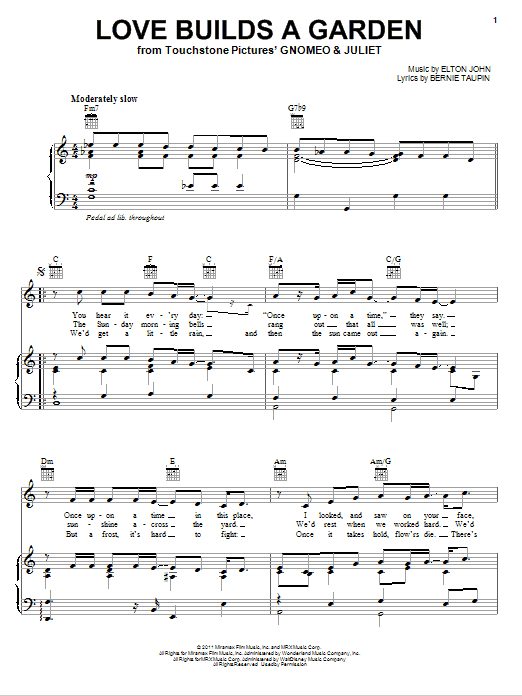 Learn to play Elton John Love Builds A Garden sheet music for Piano, Vocal & Guitar Chords (Right-Hand Melody) in minutes. Price: 7.8900$ Elton John Love Builds A Garden sheet music notes and chords arranged for Piano, Vocal & Guitar Chords (Right-Hand Melody)