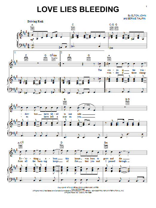 Elton John Love Lies Bleeding sheet music notes and chords arranged for Piano, Vocal & Guitar Chords (Right-Hand Melody)