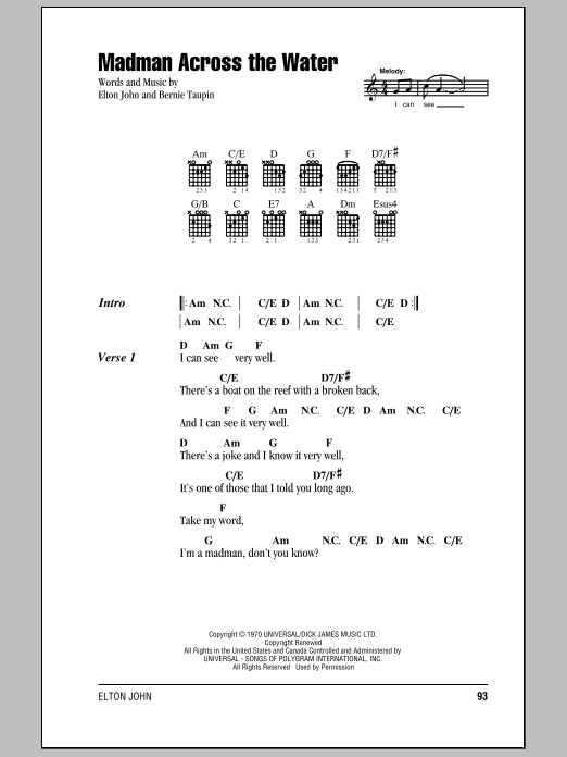 Elton John Madman Across The Water sheet music notes and chords. Download Printable PDF.