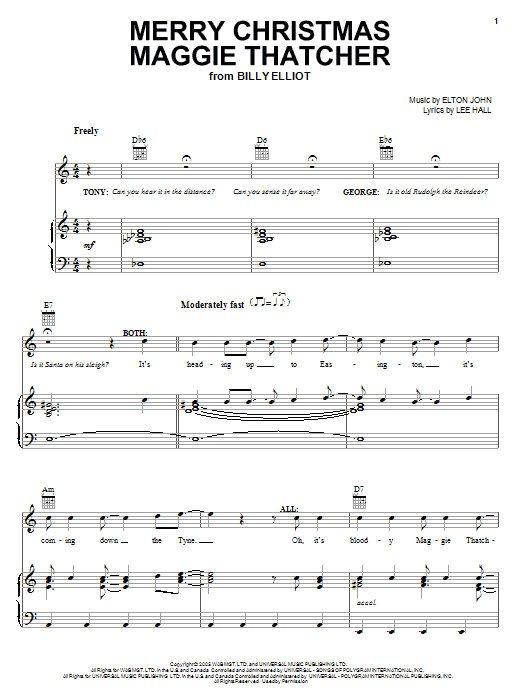 Elton John Merry Christmas Maggie Thatcher sheet music notes and chords arranged for Piano, Vocal & Guitar Chords