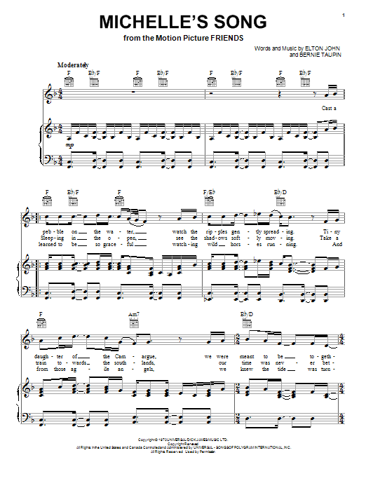 Elton John Michelle's Song sheet music notes and chords arranged for Piano, Vocal & Guitar Chords (Right-Hand Melody)