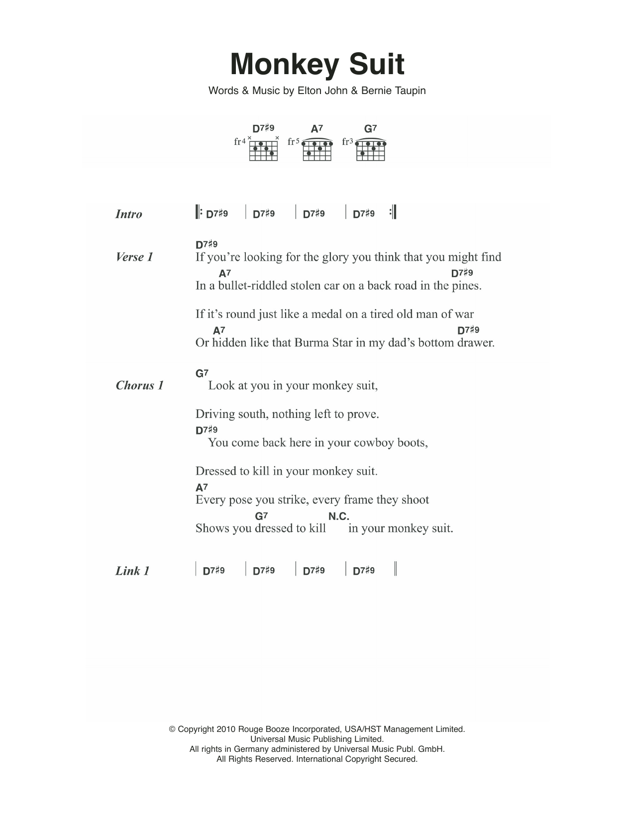 Elton John Monkey Suit sheet music notes and chords. Download Printable PDF.