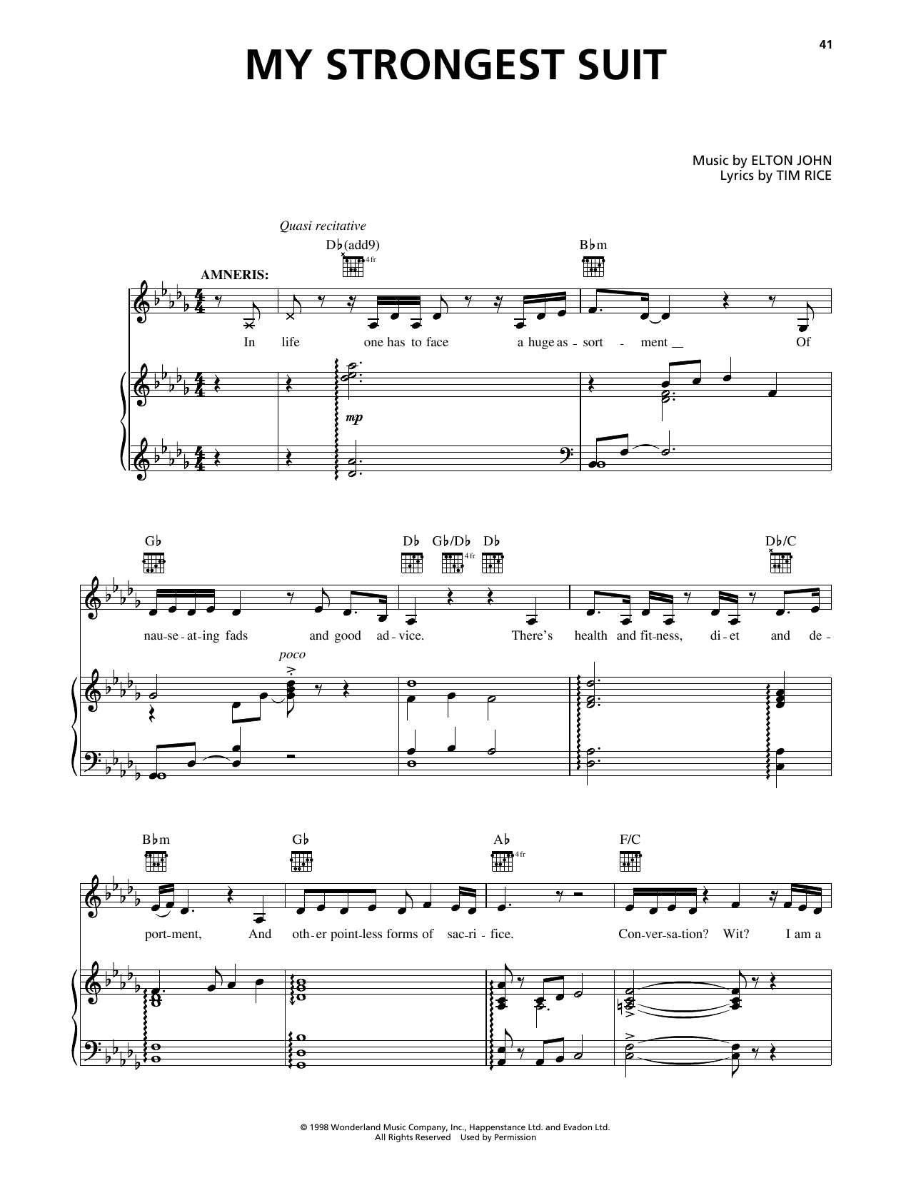 Elton John My Strongest Suit (from Aida) sheet music notes and chords. Download Printable PDF.