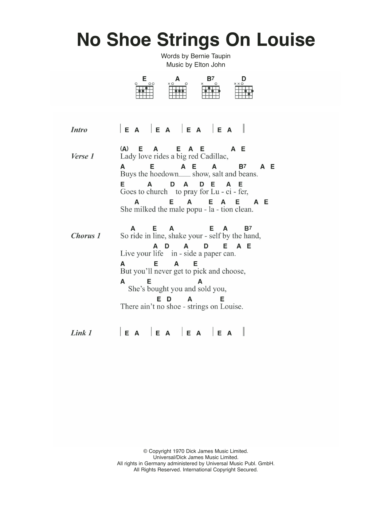 Elton John No Shoe Strings On Louise sheet music notes and chords. Download Printable PDF.