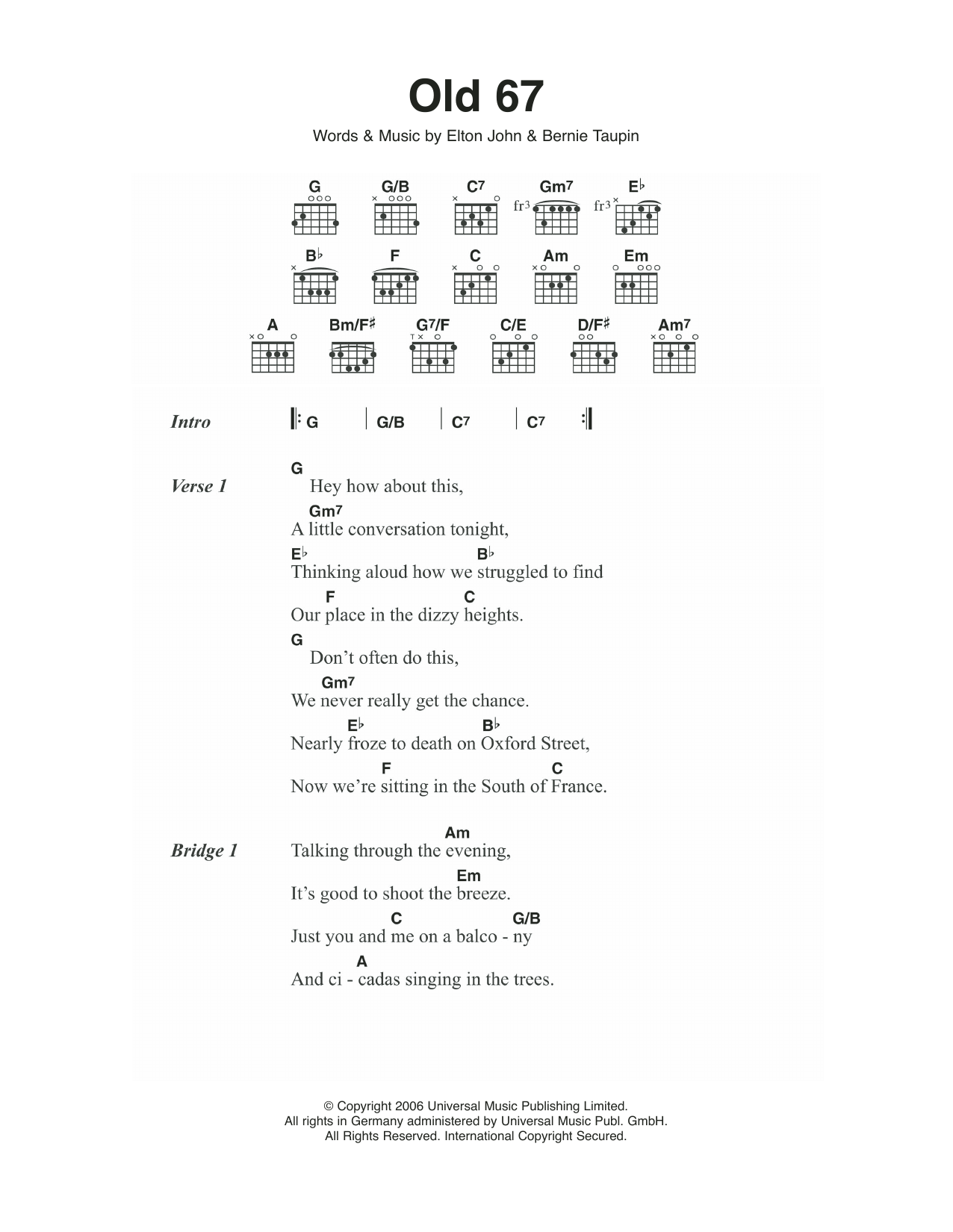 Elton John Old 67 sheet music notes and chords. Download Printable PDF.