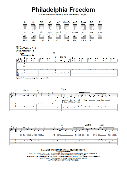 Elton John Philadelphia Freedom sheet music notes and chords arranged for Really Easy Piano