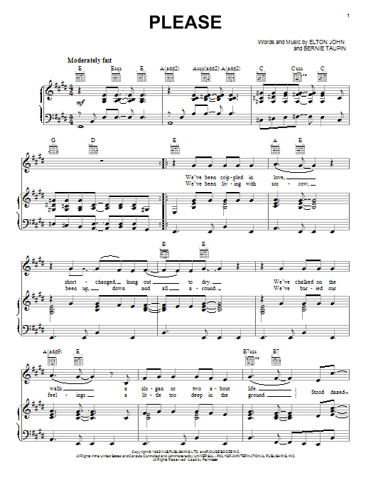 Learn to play Elton John Please sheet music for Piano, Vocal & Guitar Chords (Right-Hand Melody) in minutes. Price: 7.8900$ Elton John Please sheet music notes and chords arranged for Piano, Vocal & Guitar Chords (Right-Hand Melody)