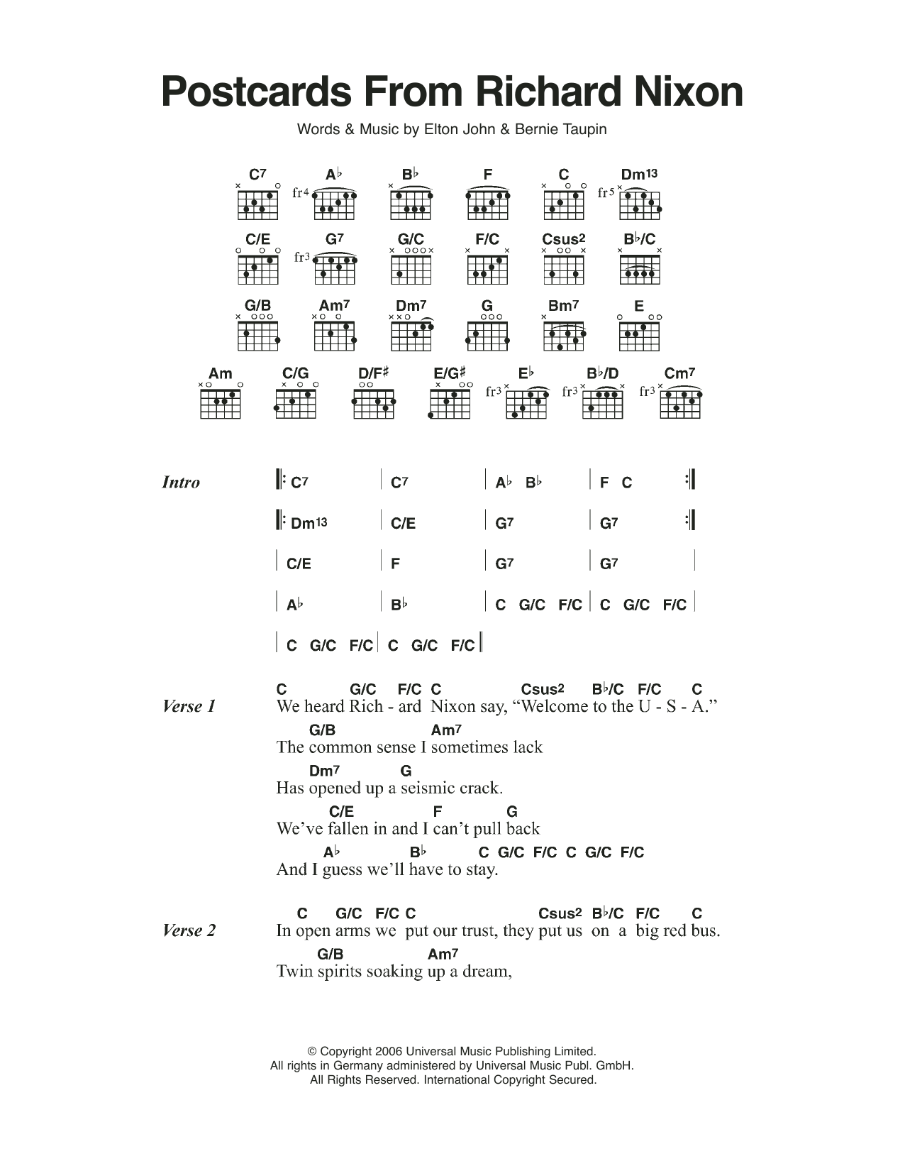 Elton John Postcards From Richard Nixon sheet music notes and chords. Download Printable PDF.