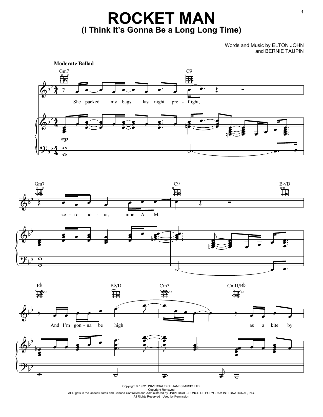 Elton John Rocket Man (I Think It's Gonna Be A Long Long Time) sheet music notes and chords arranged for Really Easy Piano