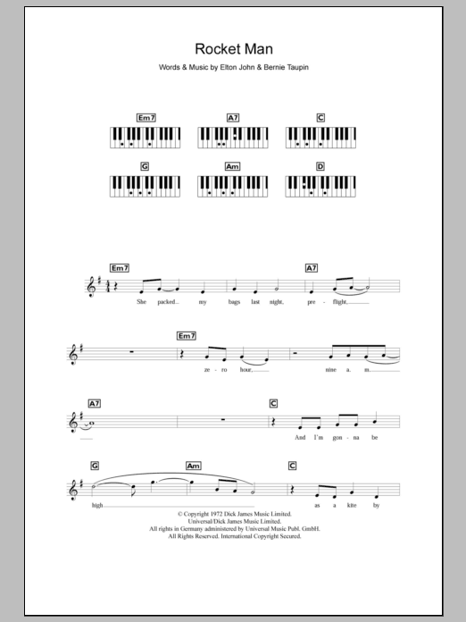 Elton John Rocket Man sheet music notes and chords. Download Printable PDF.