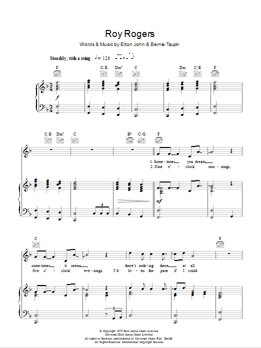 Elton John Roy Rogers sheet music notes and chords arranged for Piano, Vocal & Guitar Chords