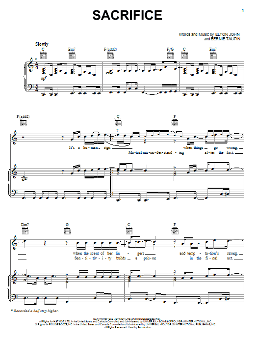 Elton John Sacrifice sheet music notes and chords arranged for Really Easy Piano