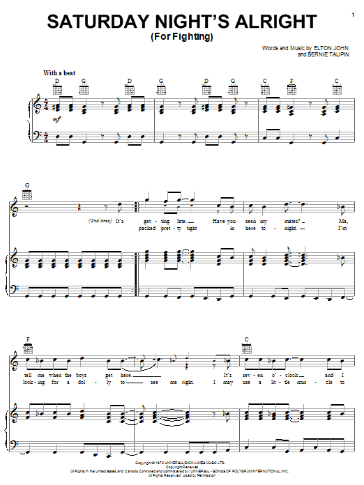 Elton John Saturday Night's Alright (For Fighting) sheet music notes and chords arranged for Really Easy Piano