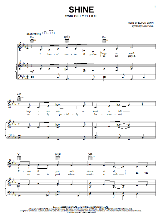 Elton John Shine sheet music notes and chords arranged for Piano, Vocal & Guitar Chords (Right-Hand Melody)