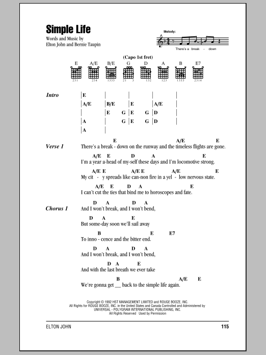 Elton John Simple Life sheet music notes and chords. Download Printable PDF.