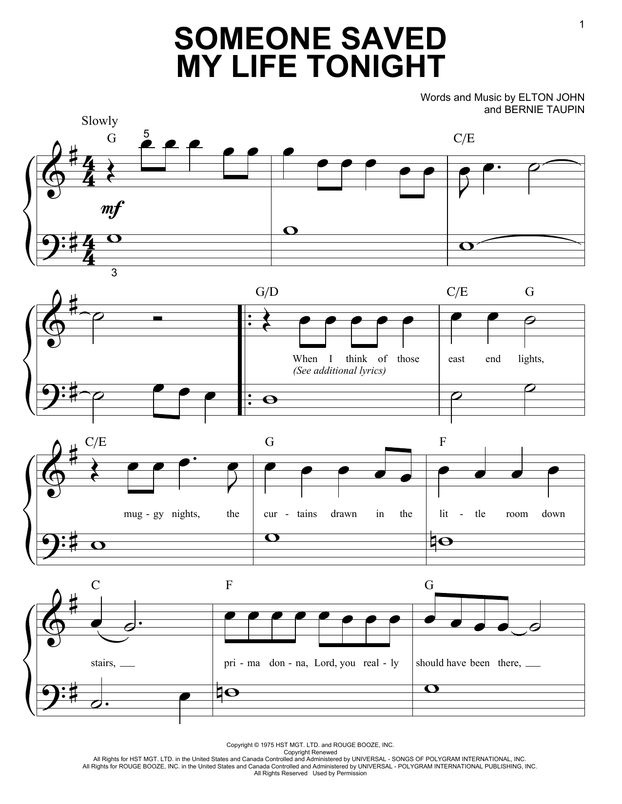 Elton John Someone Saved My Life Tonight sheet music notes and chords. Download Printable PDF.