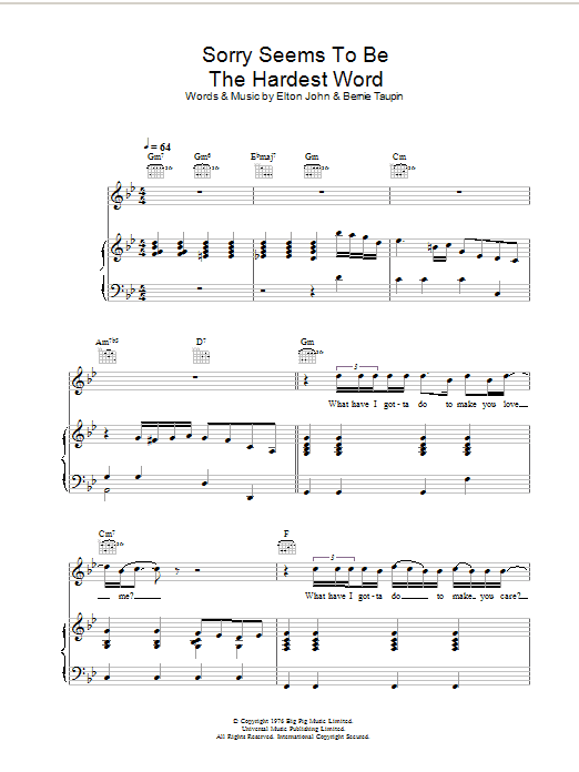 Elton John Sorry Seems To Be The Hardest Word sheet music notes and chords. Download Printable PDF.